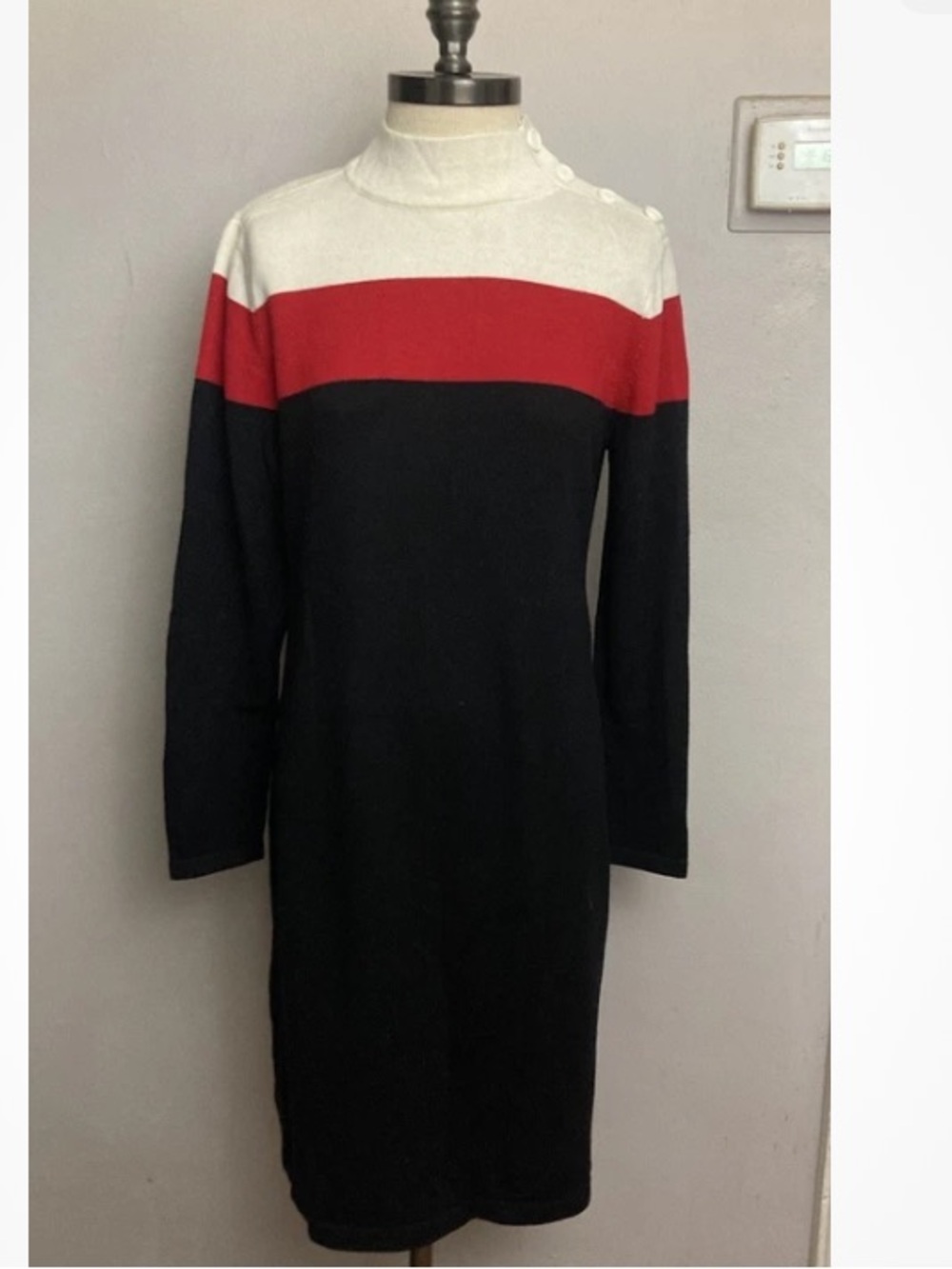 10-3 Talbots Sweater dress Mock Neck Black Red Colorblock knit Medium